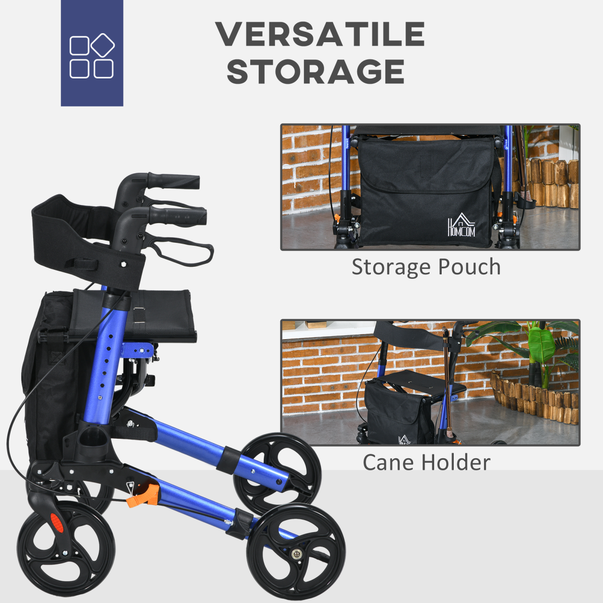 HOMCOM 4 Wheel Rollator Walker with Seat & Bag, Foldable with Height Adjustable Handles – Mobility Aid, Blue