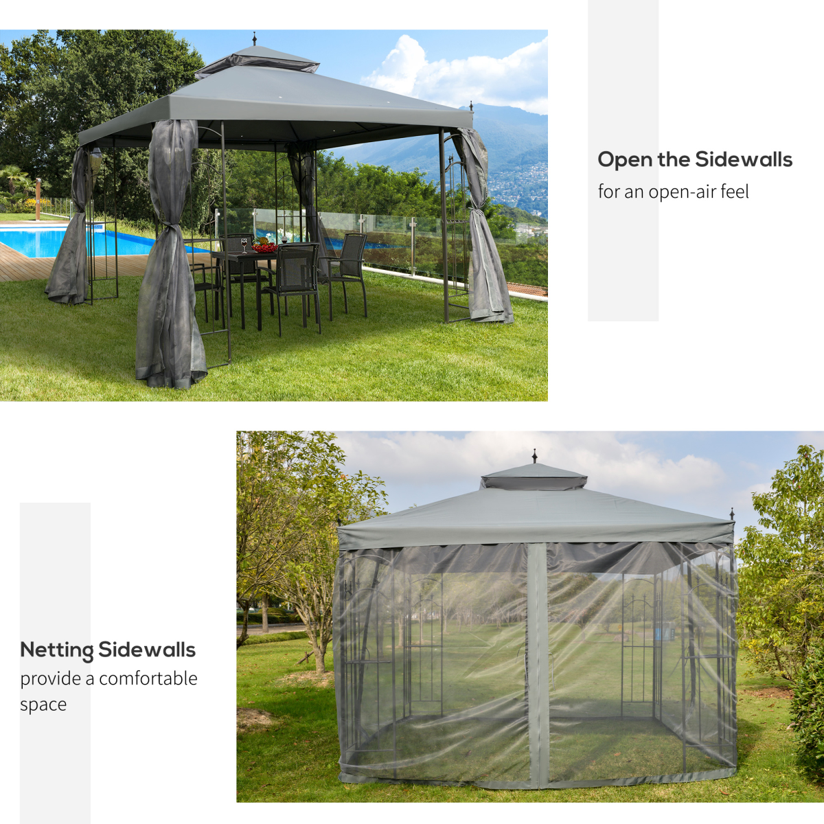 Outsunny 3 x 3m Double-Top Garden Gazebo with Four Curtains & Insect Netting – Steel Frame Party Shelter, Grey