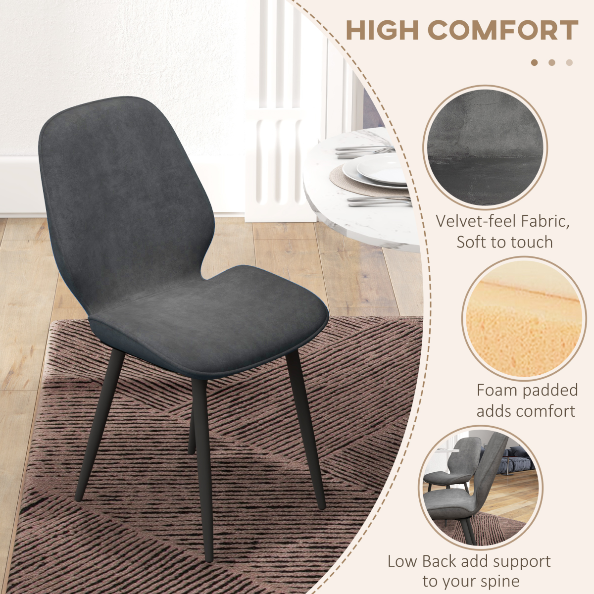 HOMCOM Upholstered Dining Chairs, Set of 2 with Padded Seats & Metal Legs – Armless Kitchen Chairs, Grey