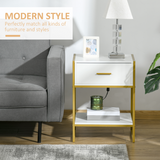 Modern Bedside Table with Drawer and Bottom Shelf – Gold-Tone Metal Frame Nightstand, White