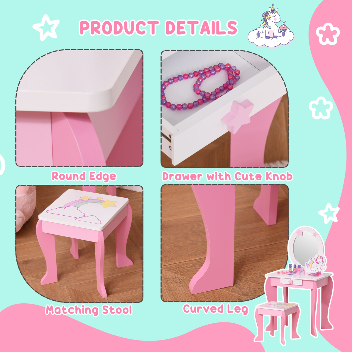 HOMCOM Kids Dressing Table with Mirror and Stool – Unicorn Vanity Set for Girls Aged 3-6, Pink and White