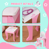 HOMCOM Kids Dressing Table with Mirror and Stool – Unicorn Vanity Set for Girls Aged 3-6, Pink and White