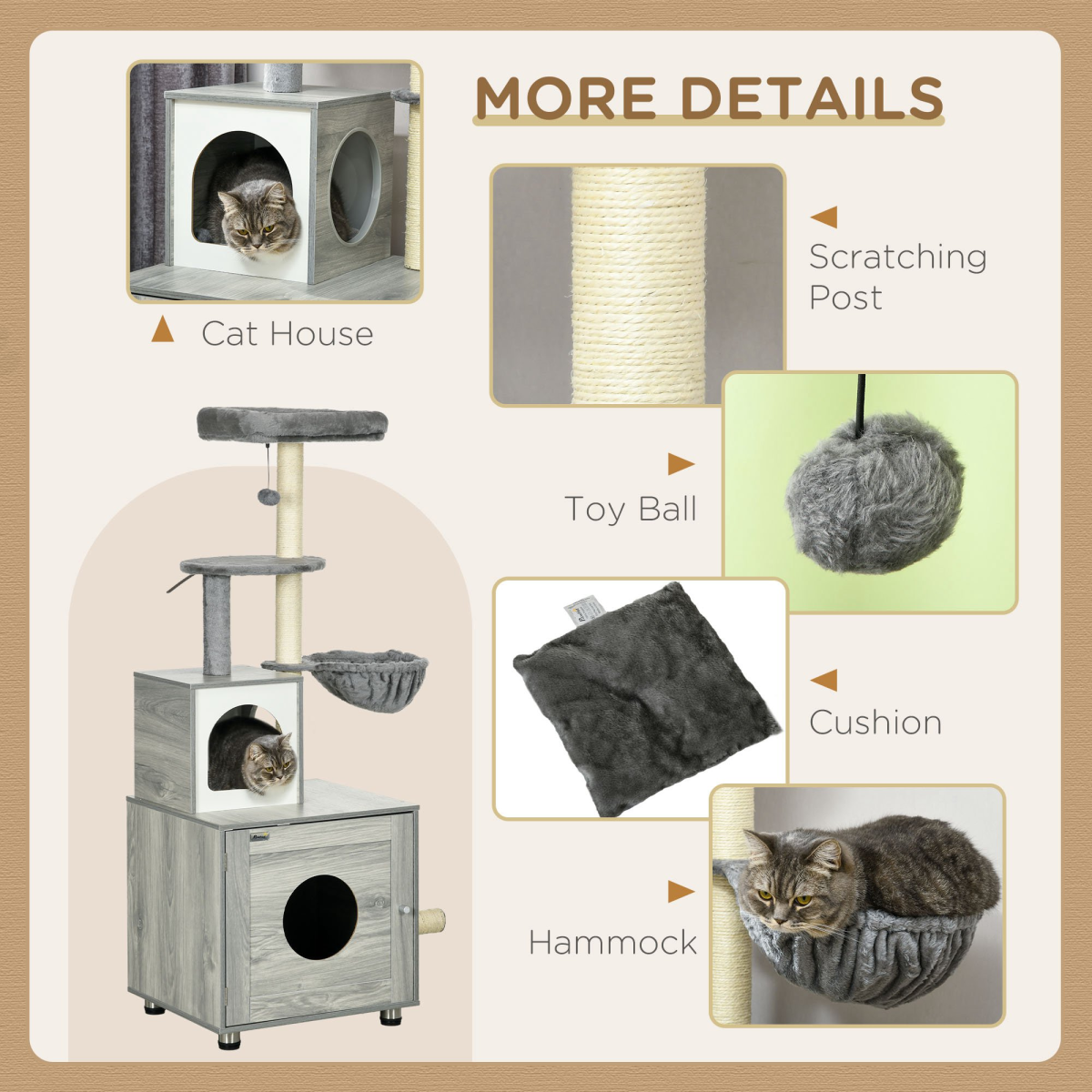 PawHut Cat Litter Box Enclosure with Cat House, Bed, Scratching Posts and Platform – 2-in-1 Cat Tree, Grey