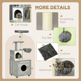 PawHut Cat Litter Box Enclosure with Cat House, Bed, Scratching Posts and Platform – 2-in-1 Cat Tree, Grey