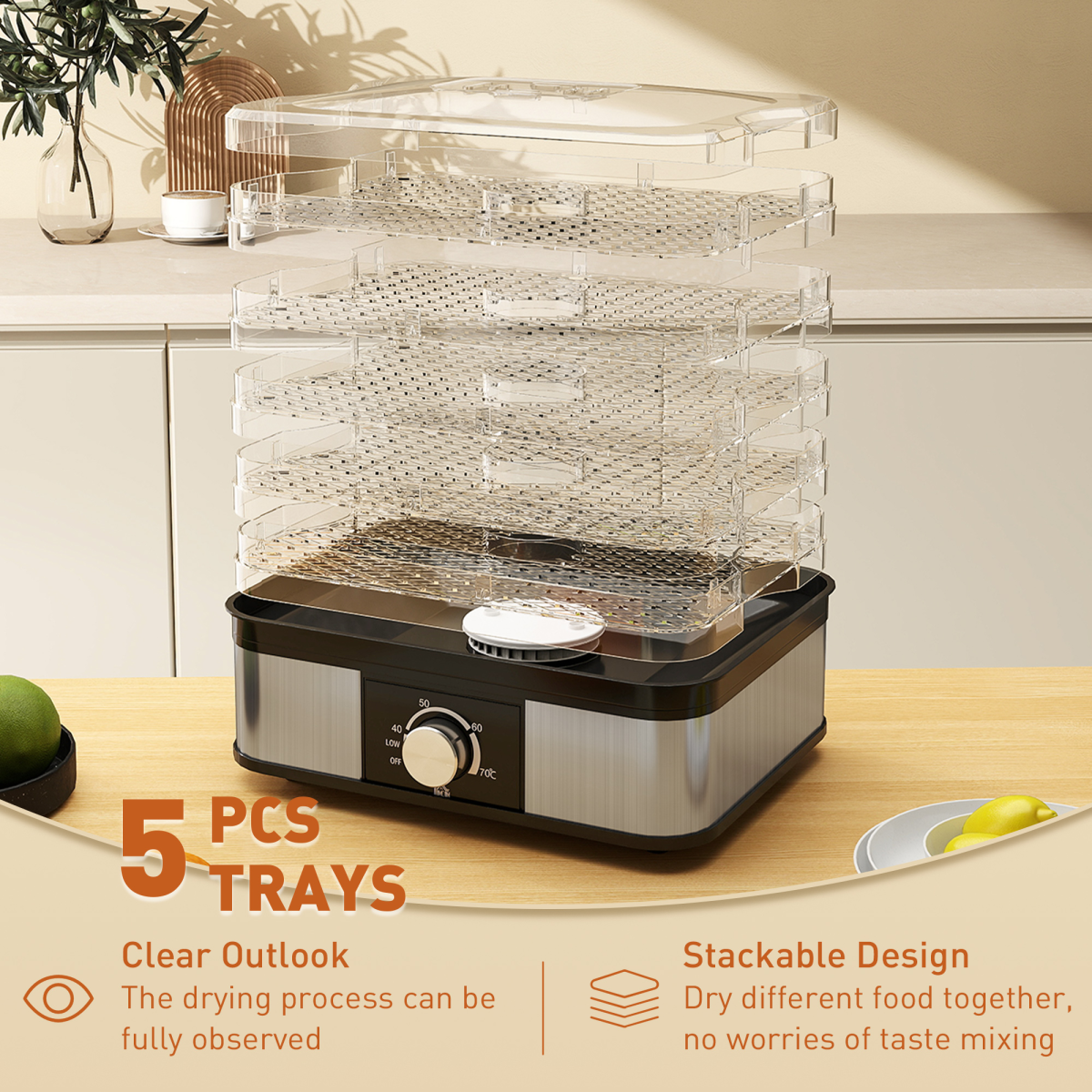 HOMCOM 5 Tier Food Dehydrator, 245W with Adjustable Temperature for Drying Fruit, Meat & Vegetables, Black