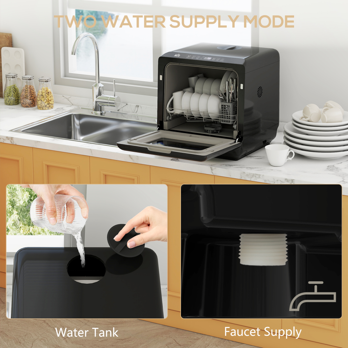 Compact Countertop Dishwasher with 5 Wash Programmes, 4 Place Settings & LED Display – Black