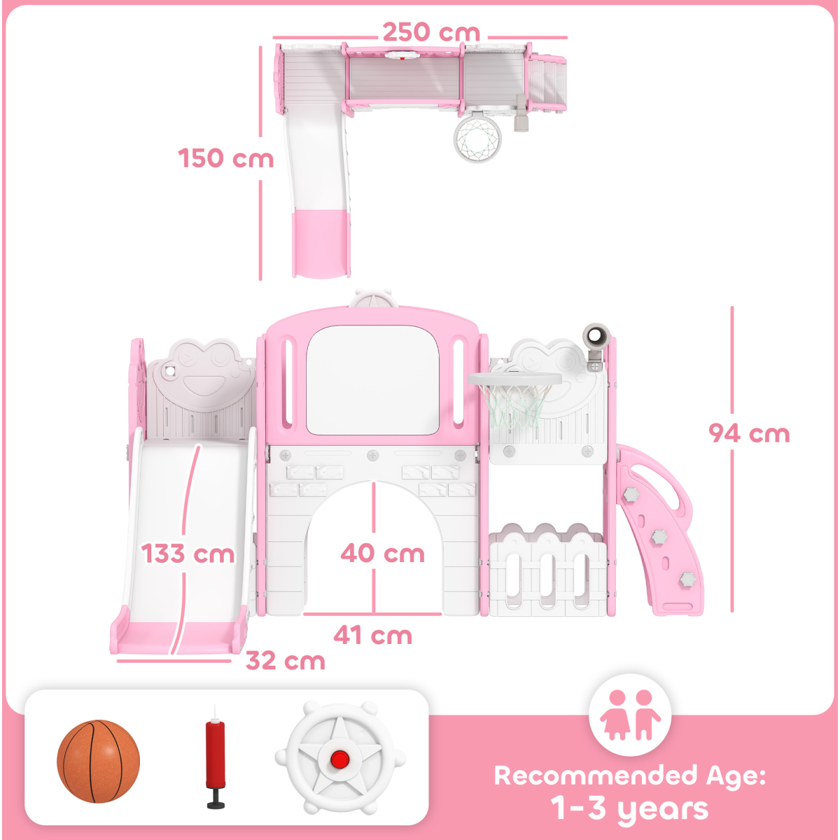 AIYAPLAY 7-in-1 Toddler Slide Set with Swing Seat, Basketball Hoop and Tunnel – Frog Theme Playset, Pink