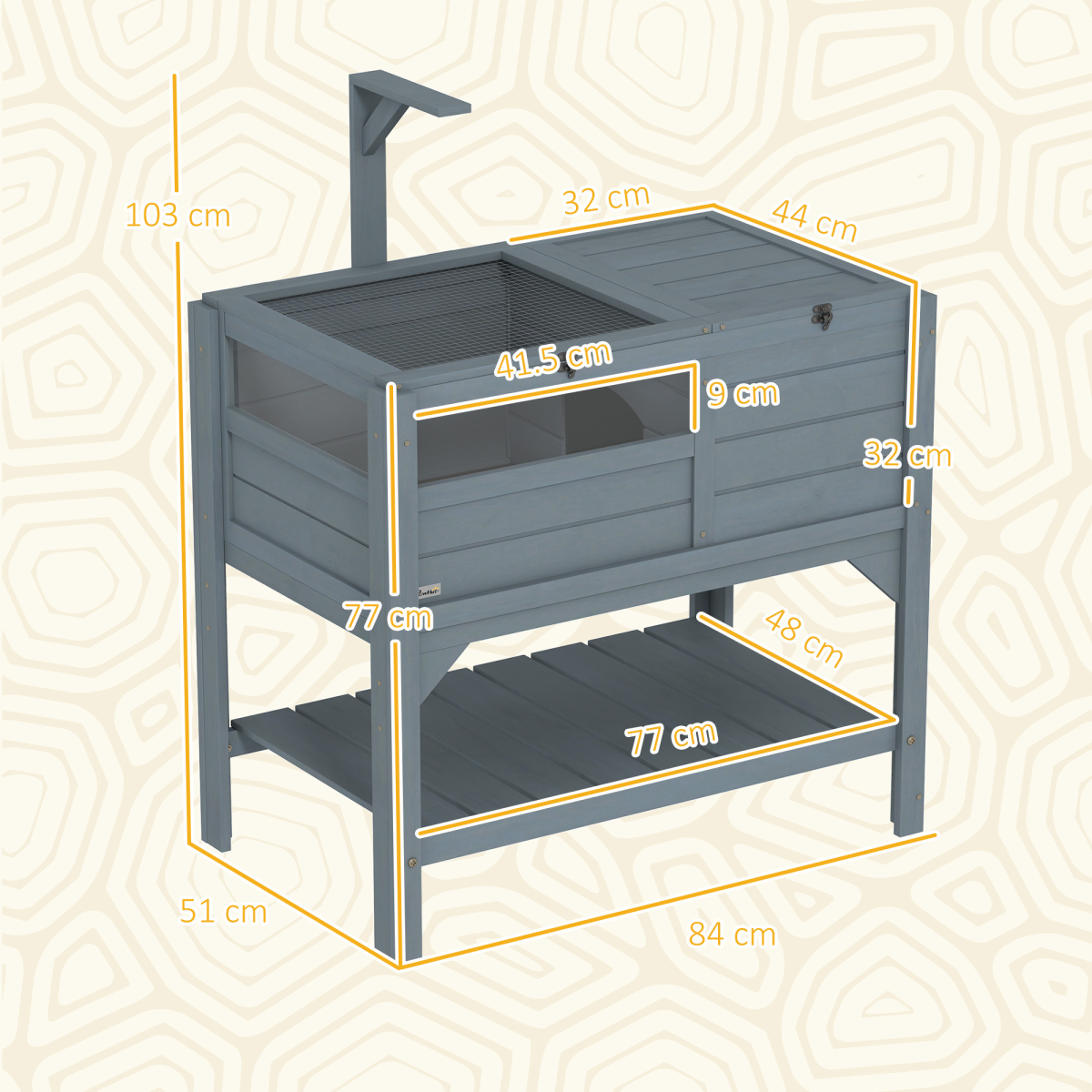 PawHut Wooden Tortoise House with Run, Shelter, Bottom Shelf & Lamp Holder – Habitat, Grey