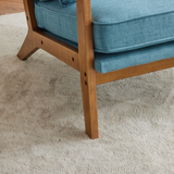 Mid-Century Oak Accent Chair with Navy Blue Linen-Cotton Upholstery and Lumbar Pillow – Indoor Armchair