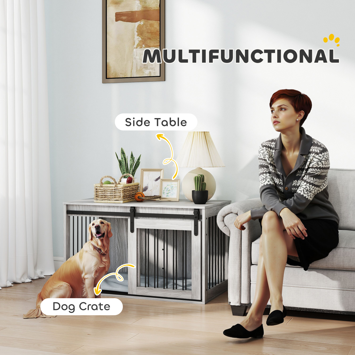 PawHut Dog Crate Furniture with Removable Cushion and Barn Door Design – Side Table Kennel for Large Dogs, Grey