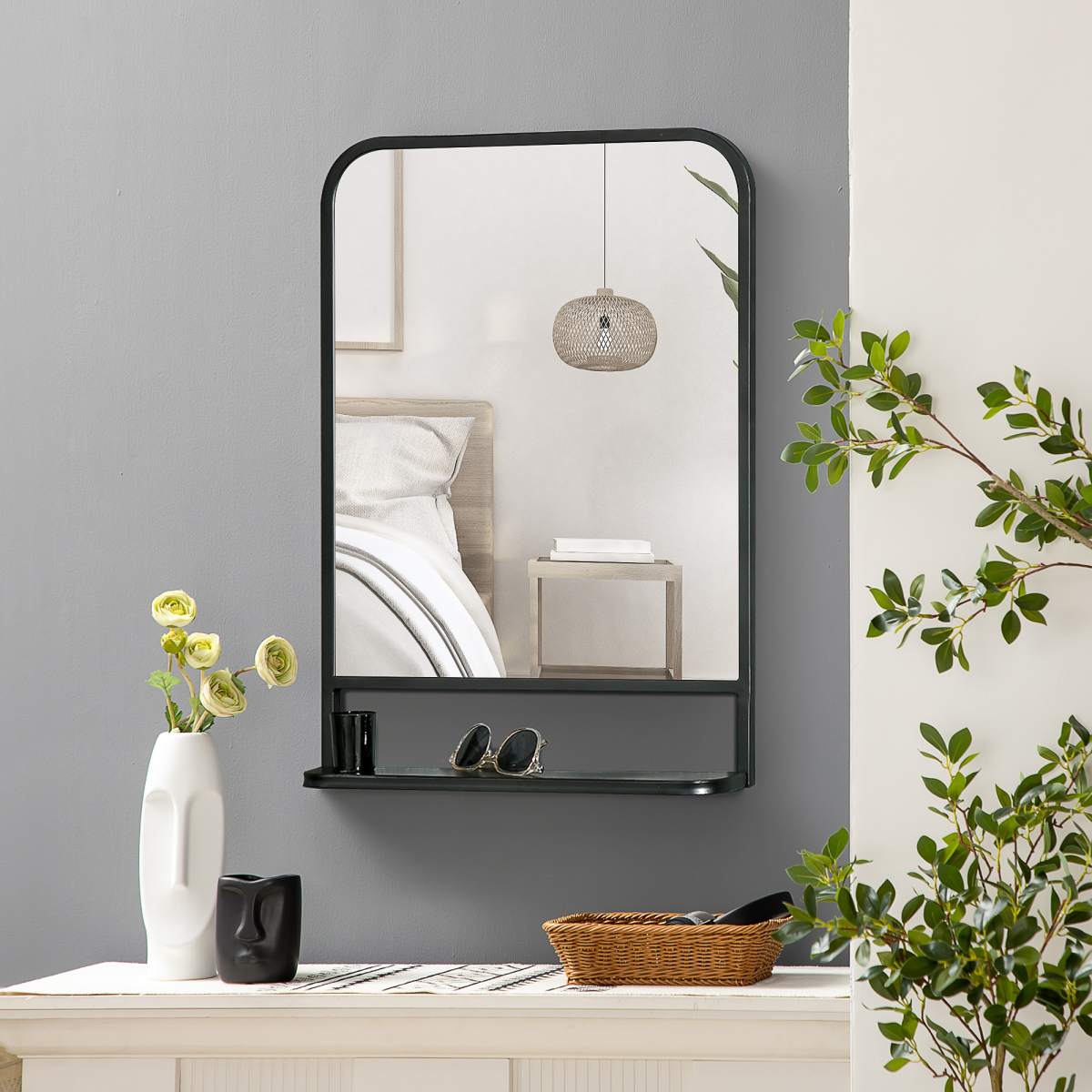 Square Wall Mirror 70 x 50cm with Bottom Shelf – Black Metal Frame for Bathroom, Hallway or Makeup