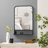 Square Wall Mirror 70 x 50cm with Bottom Shelf – Black Metal Frame for Bathroom, Hallway or Makeup