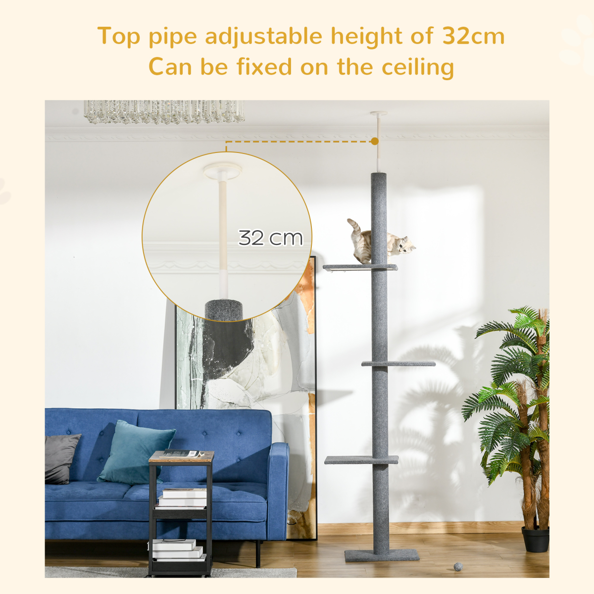 Pawhut Floor to Ceiling Cat Tree with Four Tiers, 220–260cm Adjustable Height – Plush Cat Climbing Tower, Grey