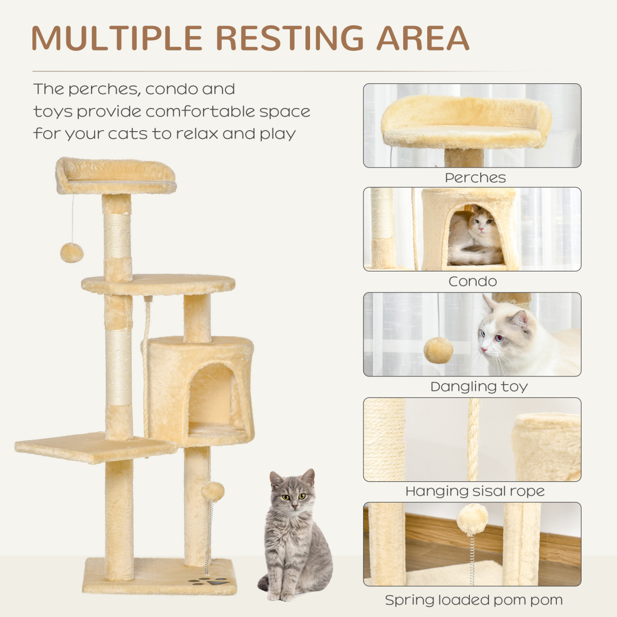 Pawhut 114cm Four-Tier Cat Tree with Sisal Posts, Condo and Dangling Toys – Indoor Activity Centre, Beige