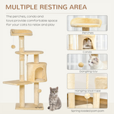 Pawhut 114cm Four-Tier Cat Tree with Sisal Posts, Condo and Dangling Toys – Indoor Activity Centre, Beige