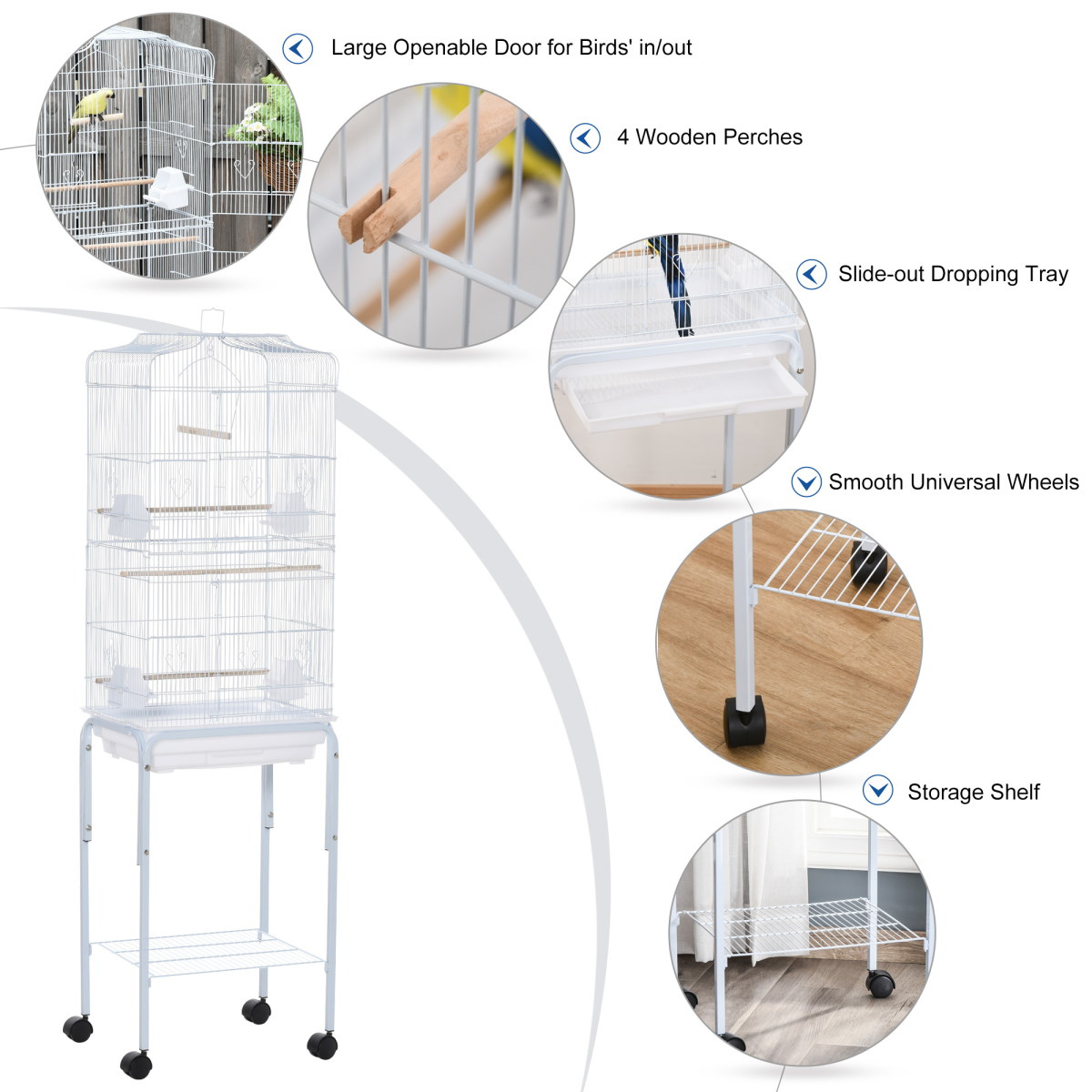 PawHut Large Bird Cage for Budgies, Finches & Canaries with Stand, Sliding Tray & Storage Basket – White