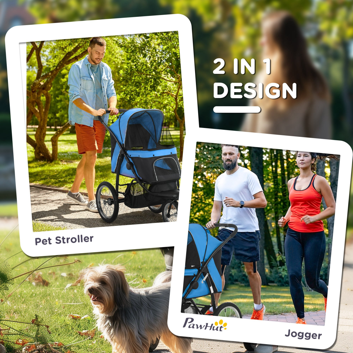 PawHut 3 Wheel Foldable Pet Stroller with Canopy & Mesh Windows – Dog Pram for Small Dogs, Blue