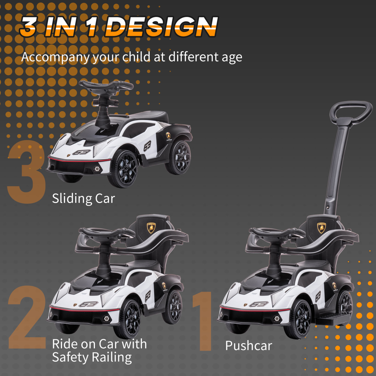 HOMCOM Lamborghini Essenza SCV12 2-in-1 Baby Ride-On Push Car with Horn & Storage – Toddler Push Along, White