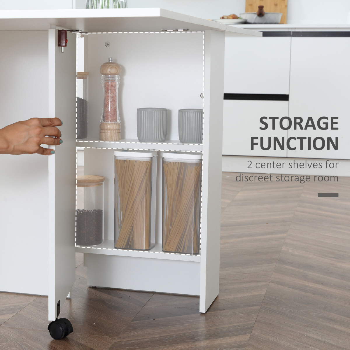 HOMCOM Mobile Drop Leaf Kitchen Table with Storage Shelves & Wheels – Space-Saving Dining Table, White