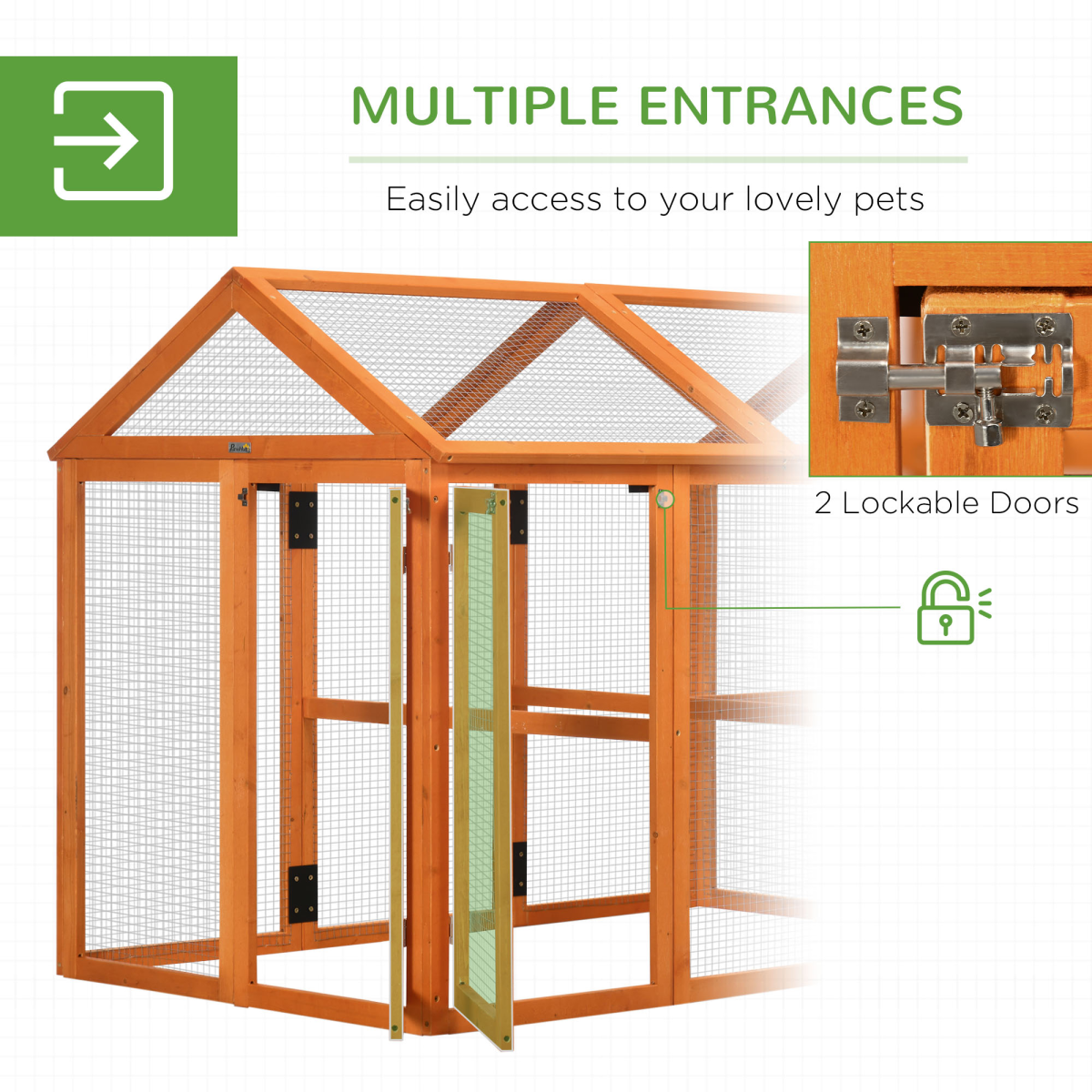 PawHut Wooden Chicken Run with Multiple Doors & Combinable Design – Spacious Coop for 3–6 Chickens, Orange