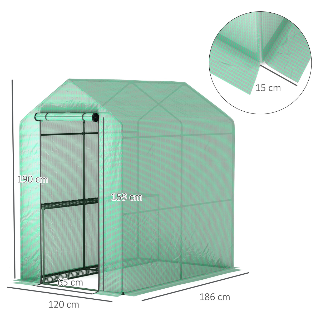 Outsunny Walk-In Greenhouse with 4 Shelves, UV-Resistant PE Cover & Zipped Door, 120 x 186 x 190cm, Green