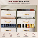 10-Drawer Fabric Chest of Drawers with Side Pockets & Hooks, Steel Frame, 86 x 30 x 94.5 cm – Natural Wood & White