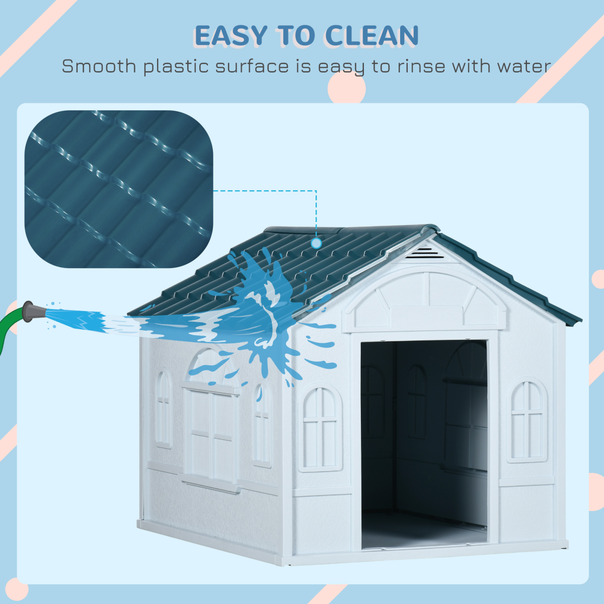PawHut Weather-Resistant Plastic Dog House with Cottage Windows – Ventilated Shelter for Medium Dogs, Blue