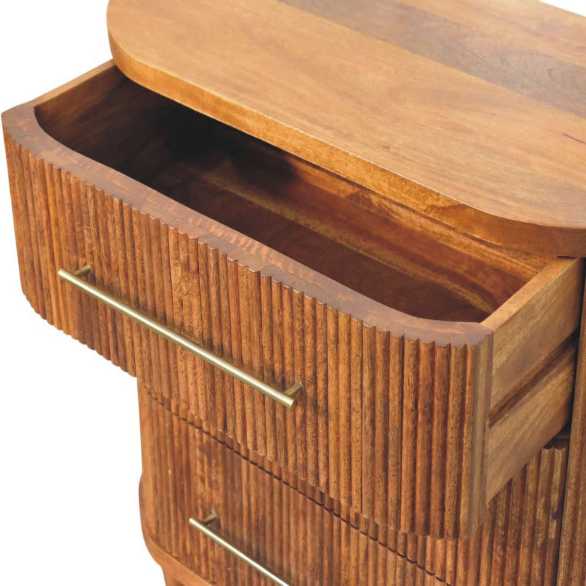 Artisan Furniture Emerson Ribbed Chest of 3 Drawers – Solid Mango Wood with Brass Handles, Amber Oak Brown