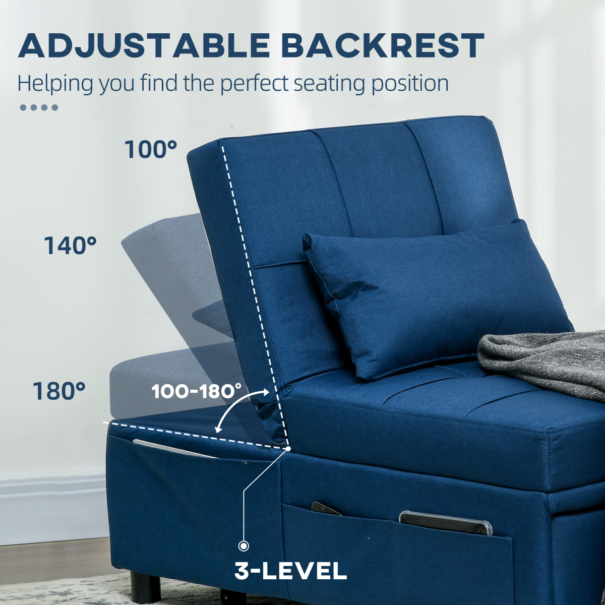 HOMCOM Folding Single Sofa Bed with Adjustable Backrest & Pillow – Space-Saving Guest Bed, Blue