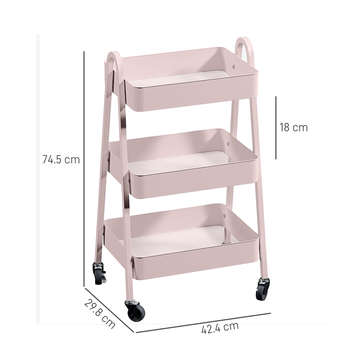 HOMCOM 3-Tier Rolling Utility Cart with Mesh Trays – Kitchen Storage Trolley, Pink