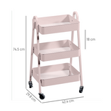 HOMCOM 3-Tier Rolling Utility Cart with Mesh Trays – Kitchen Storage Trolley, Pink