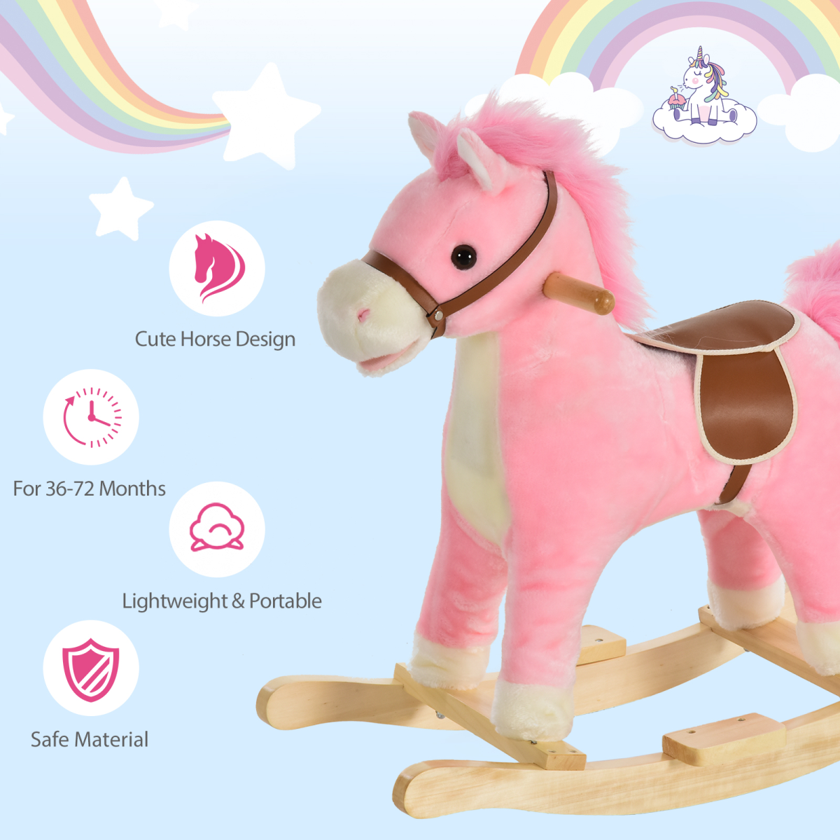 HOMCOM Plush Rocking Horse with Moving Mouth, Wagging Tail & Sounds – Toddler Ride-On, 36-72 Months, Pink