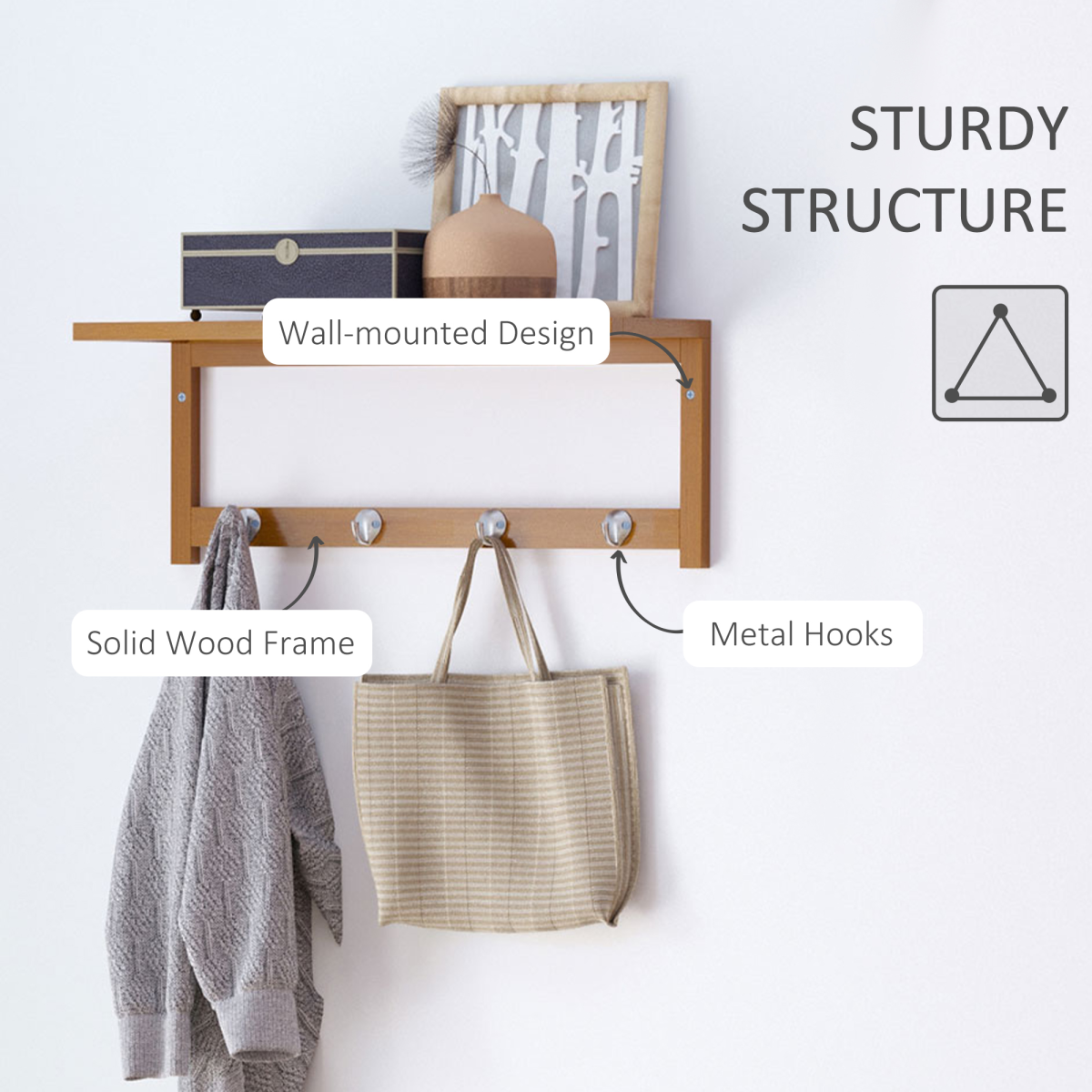 HOMCOM Wall-Mounted Clothes Rack with 4 Hooks and Top Shelf – Hallway Coat Rack, 50 x 17 x 20 cm