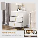 HOMCOM 3 Drawer Chest of Drawers with Ridged Front and Gold Accents – Bedroom Storage Cabinet, White