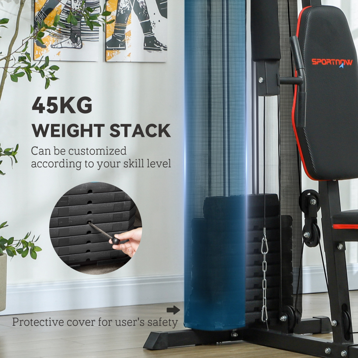 SPORTNOW Compact Multi Gym with 45kg Weight Stack, High Pulley, Chest Station & Leg Press – Home Gym Machine, Black