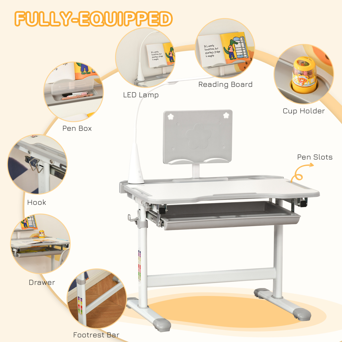 HOMCOM Kids Study Desk and Chair Set with USB Lamp, Drawer and Adjustable Height, Tilting Top – Grey
