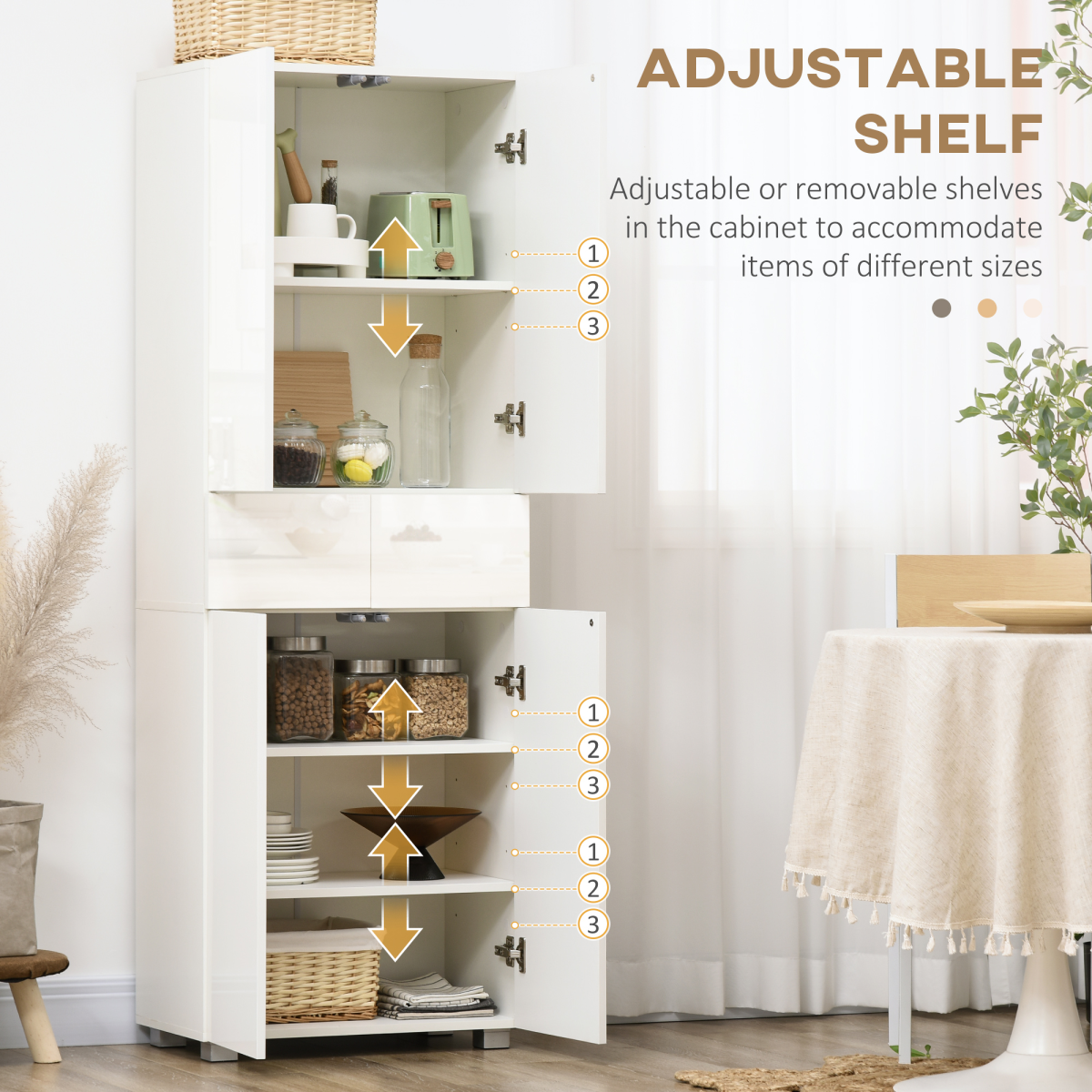 4-Door Freestanding Kitchen Cupboard with Adjustable Shelves & Drawers – Push-Open Pantry Storage, White