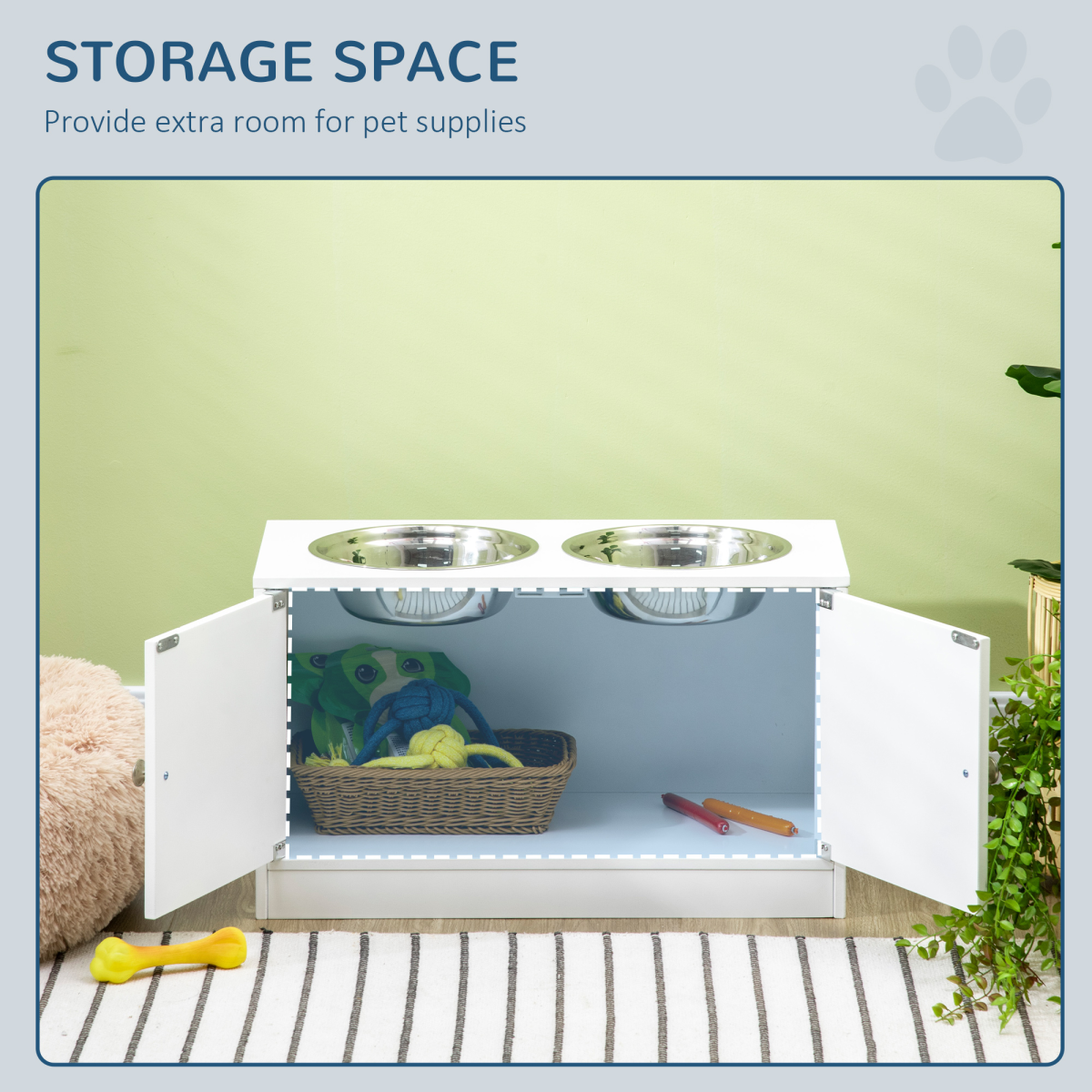 PawHut Raised Dog Feeding Station with 2 Stainless Steel Bowls & Hidden Storage – Large Dogs, White