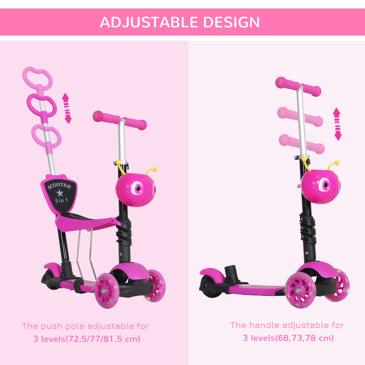 HOMCOM 5-in-1 Kids Kick Scooter with Removable Seat & Height-Adjustable Handle – Lean-to-Steer Toddler Scooter