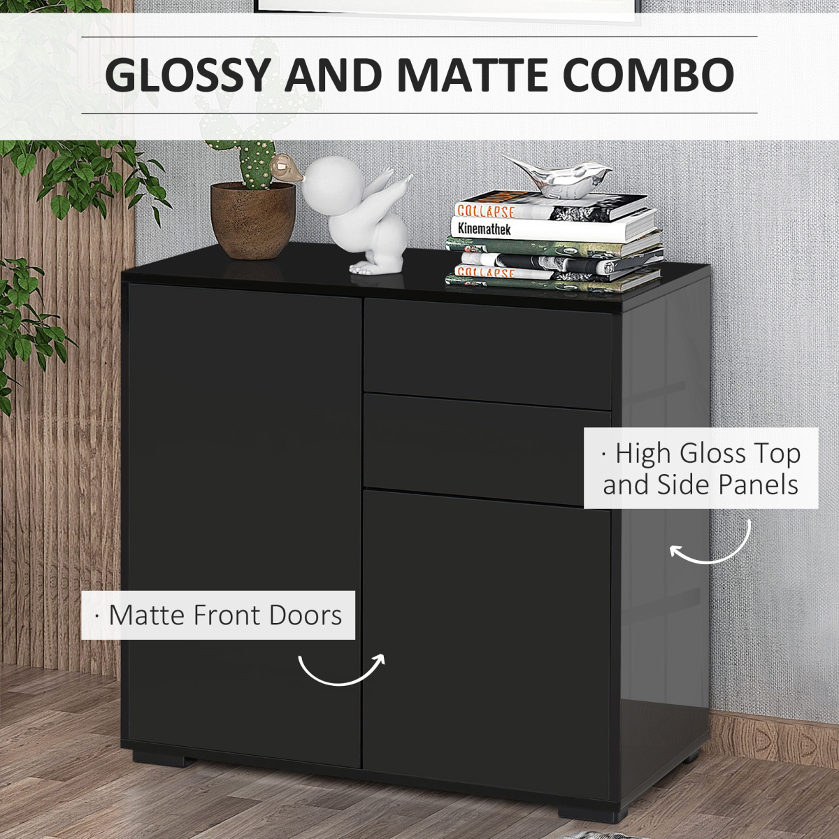 HOMCOM Gloss & Matte Side Cabinet with 2 Doors & 2 Drawers – Home Office Storage, Black