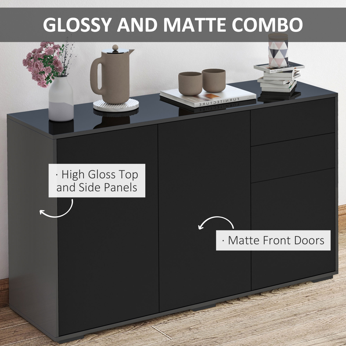 Gloss & Matte Side Cabinet with 2 Doors & 2 Drawers – Black Home Office Storage