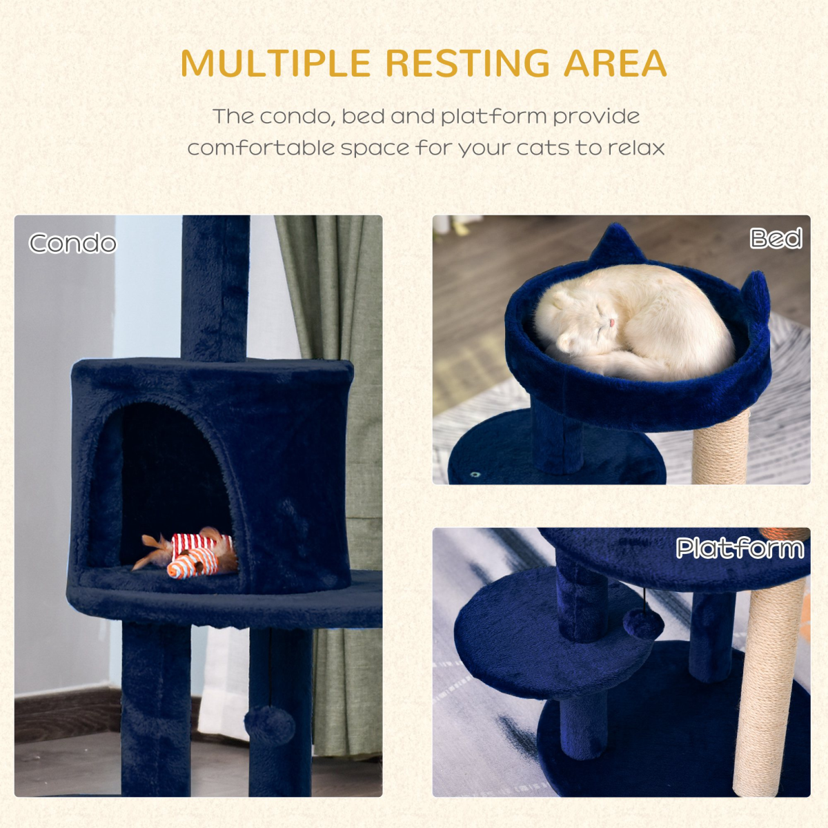 Pawhut 104cm Deluxe Cat Activity Tree with Scratching Posts, Ear Perch & Cosy House – Blue