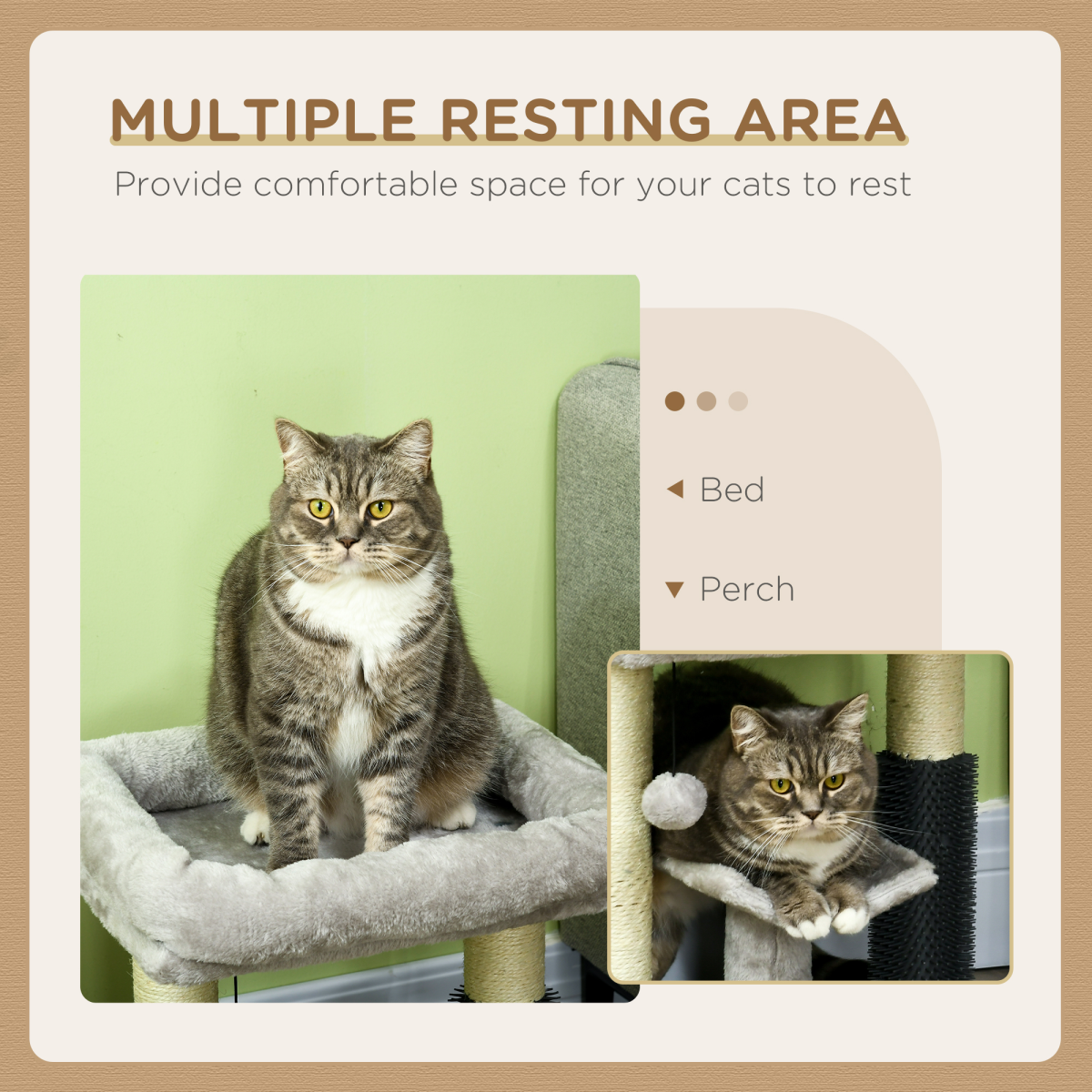 PawHut Small Cat Tree Tower with Sisal Scratching Posts, Bed, Perch, Self-Groomer and Toy – Grey