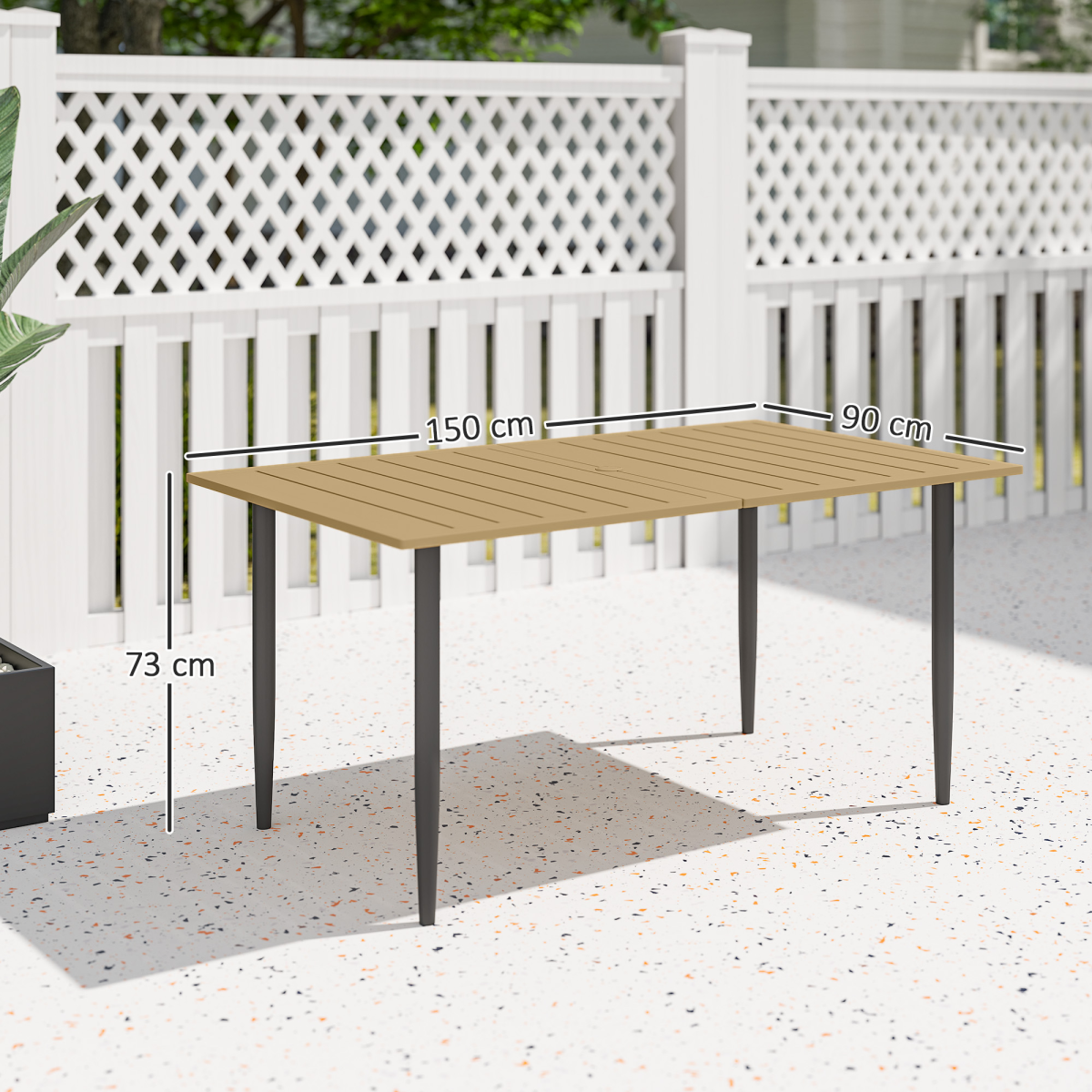 Outsunny Garden Dining Table for 6 with Parasol Hole, Slatted Steel Top, 150 x 90 cm – Outdoor Table, Brown