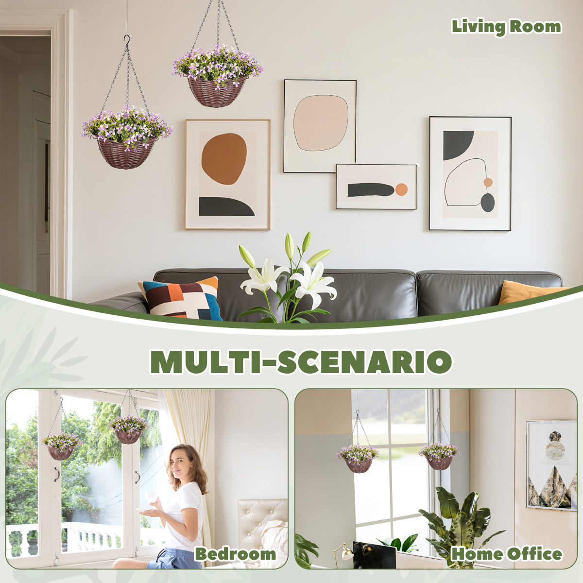Artificial Hanging Basket with Purple Flowers & Lush Foliage – Maintenance-Free Home & Office Decor