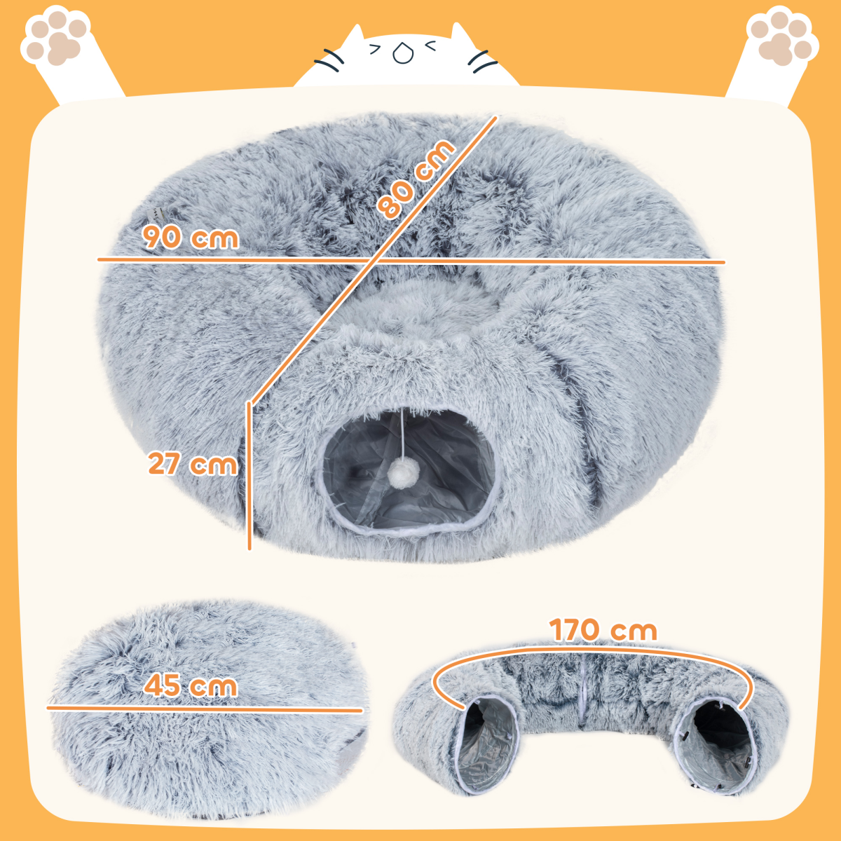 PawHut Donut Cat Play Tunnel Bed with Washable Cushion and Toy Ball – Foldable Pet Tunnel, Light Grey