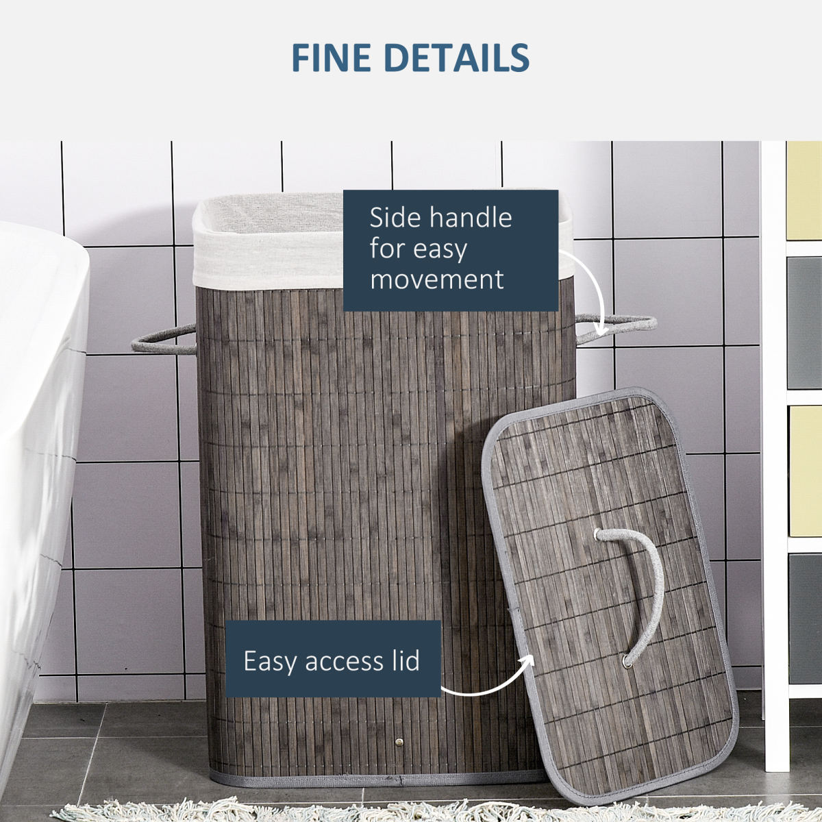 HOMCOM Bamboo Laundry Basket with Flip Lid and Removable Lining – Foldable Hamper, Grey