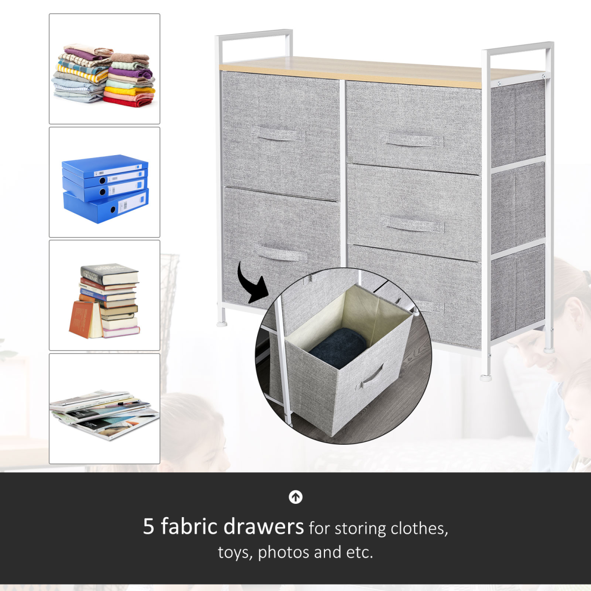HOMCOM 5 Drawer Fabric Storage Unit with Metal Frame, Wood Top and Adjustable Feet – Bedroom Linen Chest