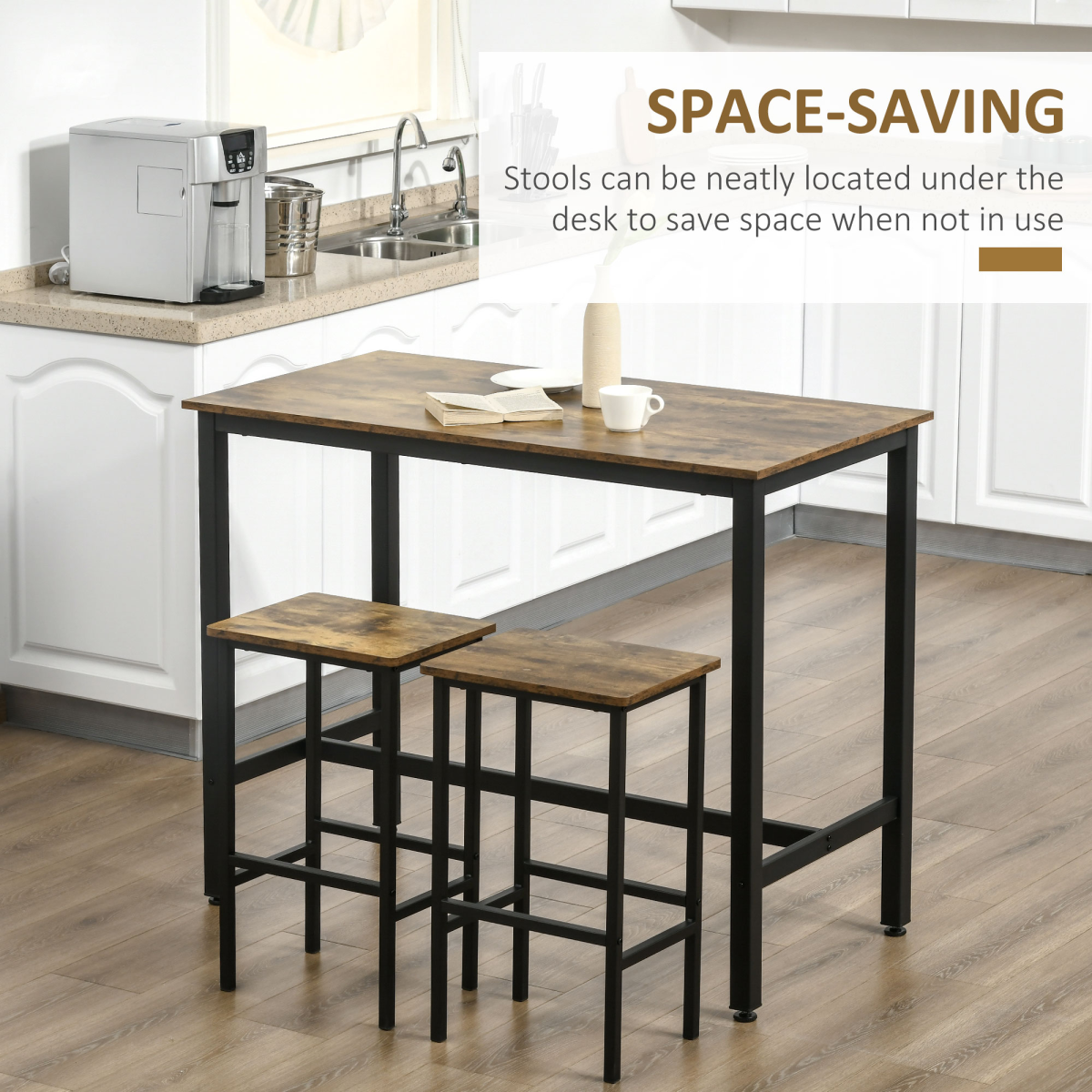 HOMCOM Industrial 3-Piece Counter Height Bar Table Set with Two Stools – Metal Frame, Rustic Brown