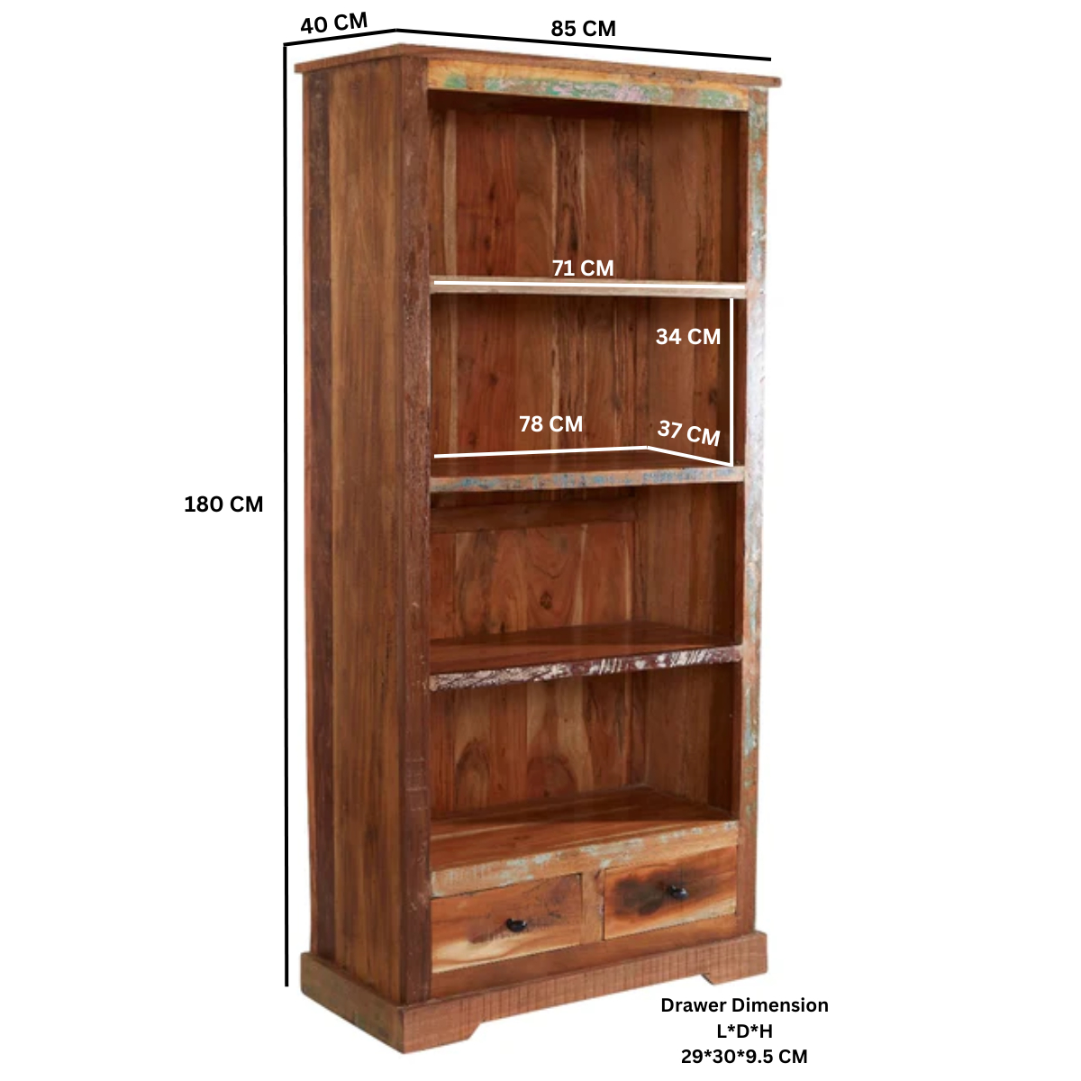 Coastal Large Bookcase in 100% Solid Reclaimed Wood – Rustic Hand-Finished Shelving for Living Room & Study